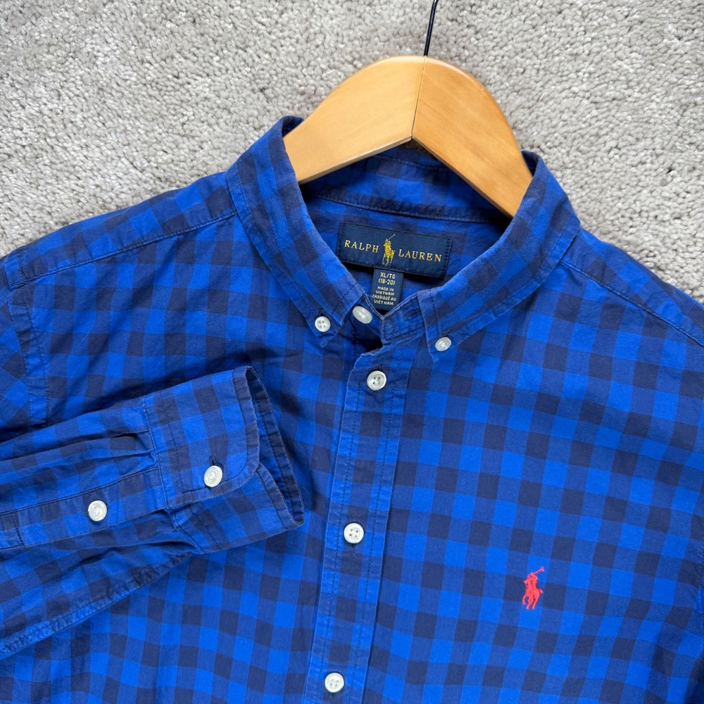 Ralph Lauren Boys XL 18-20 Blue Gingham Plaid Button Down Shirt Long Sleeve
